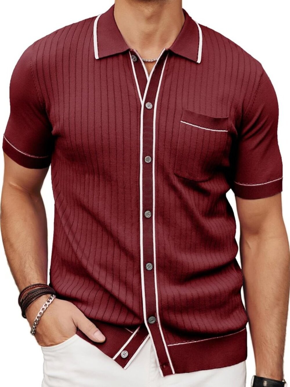 Mens Burgundy Short Sleeve 70s Vintage Polo Contrast Knit Retro Top Casual Shirt